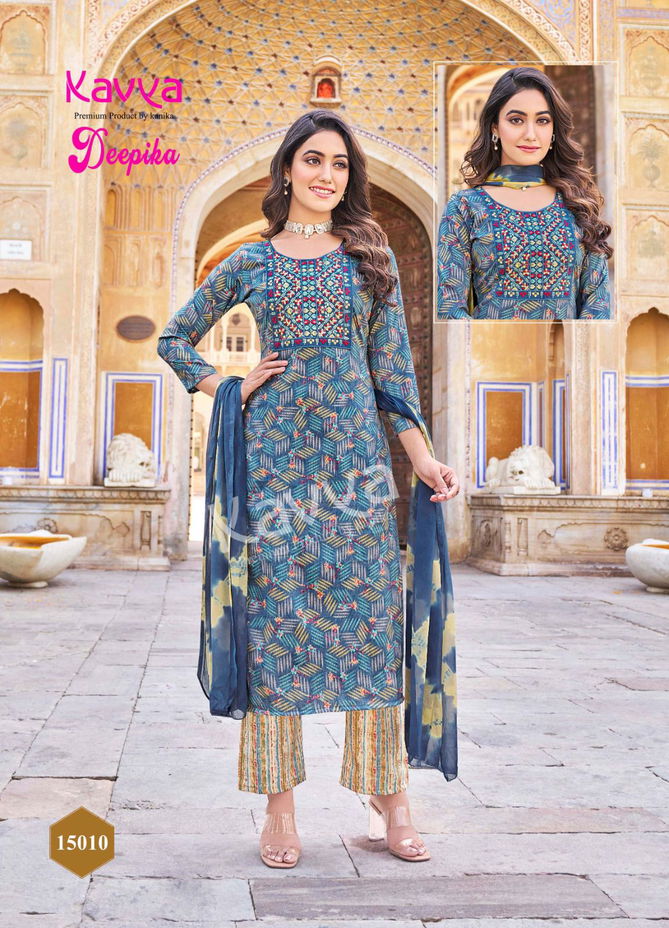 Deepika Vol 15 By Kavya Straight Cut Embroidery Kurti With Bottom Dupatta Wholesale Price In Surat
